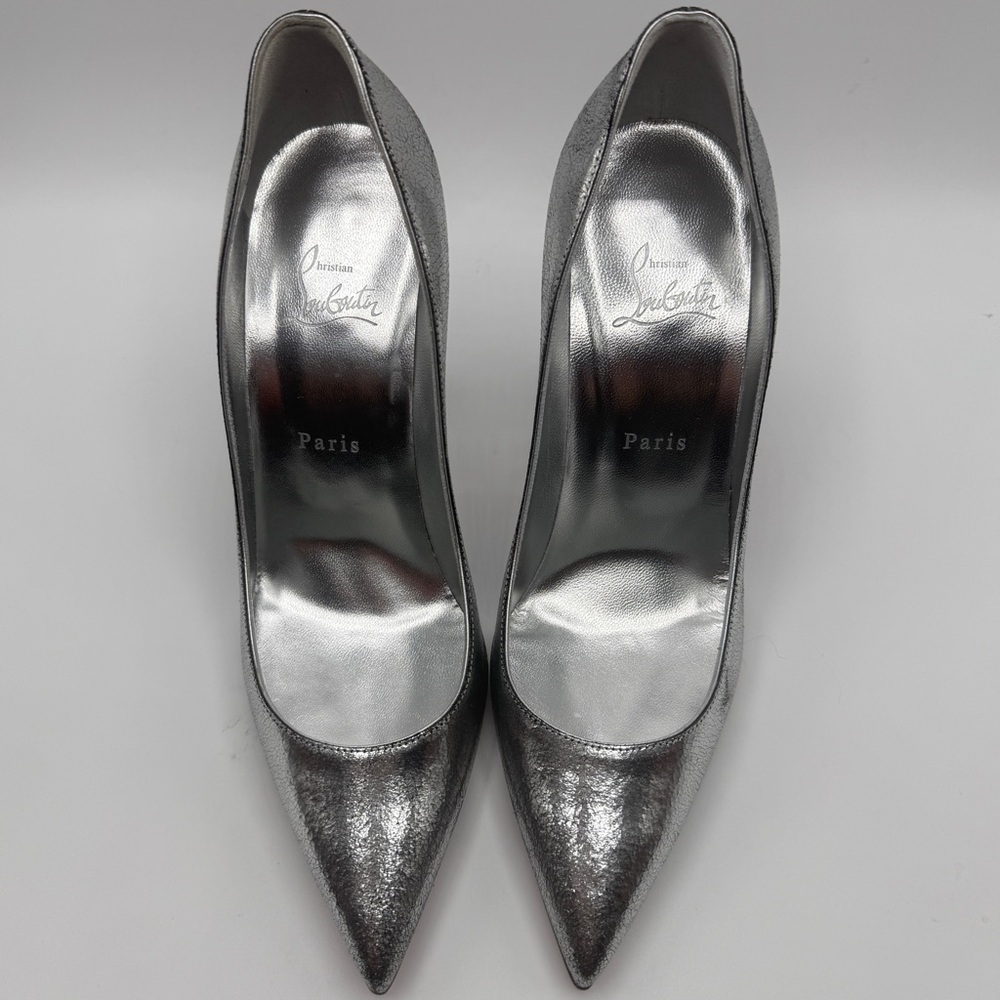 NEW Christian Louboutin Kate 100 mm Cracked Metallic Silver Stiletto Pumps EU 40
